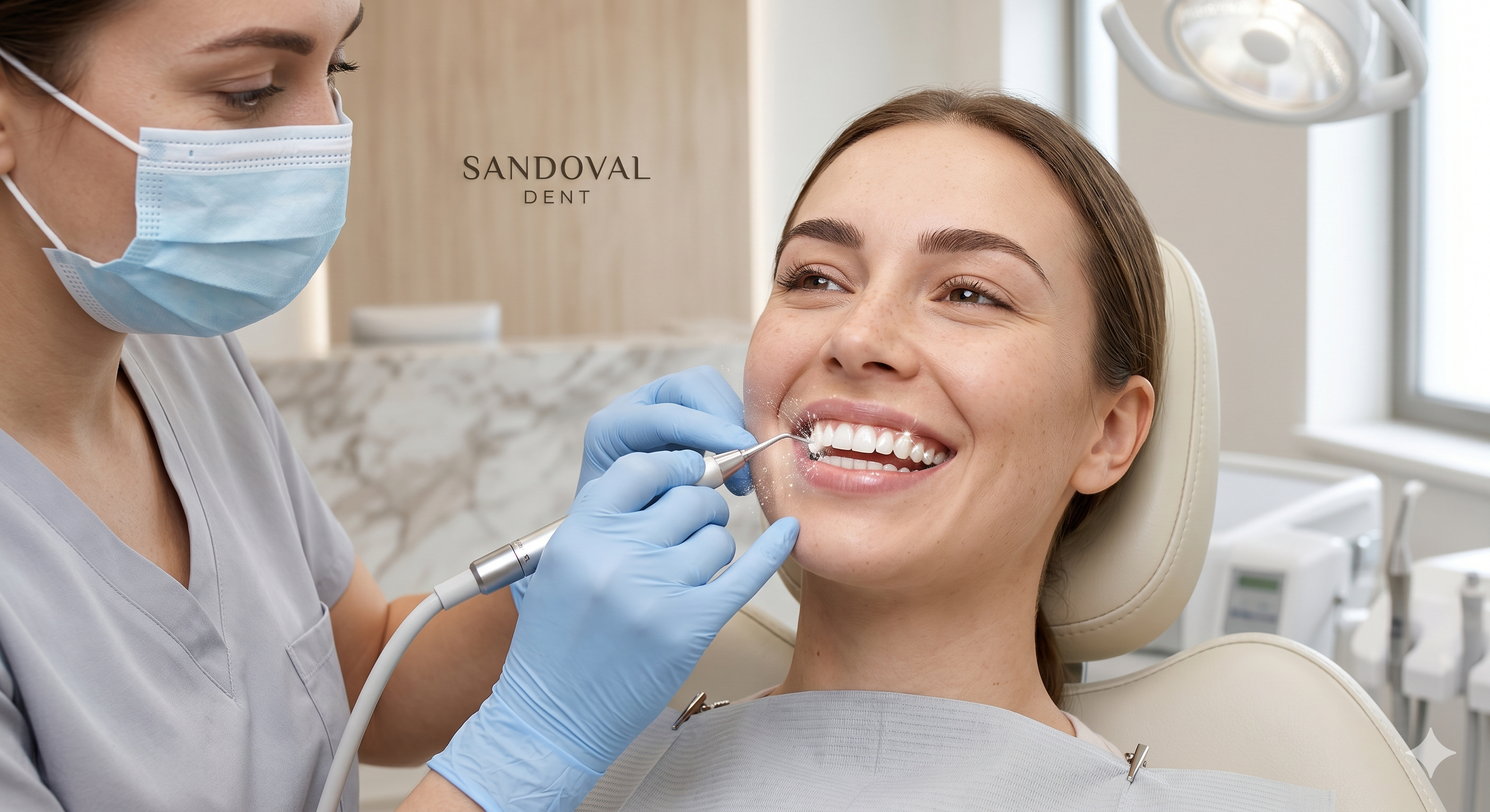 Paciente sonriendo durante una atención dental en Sandoval Dent
