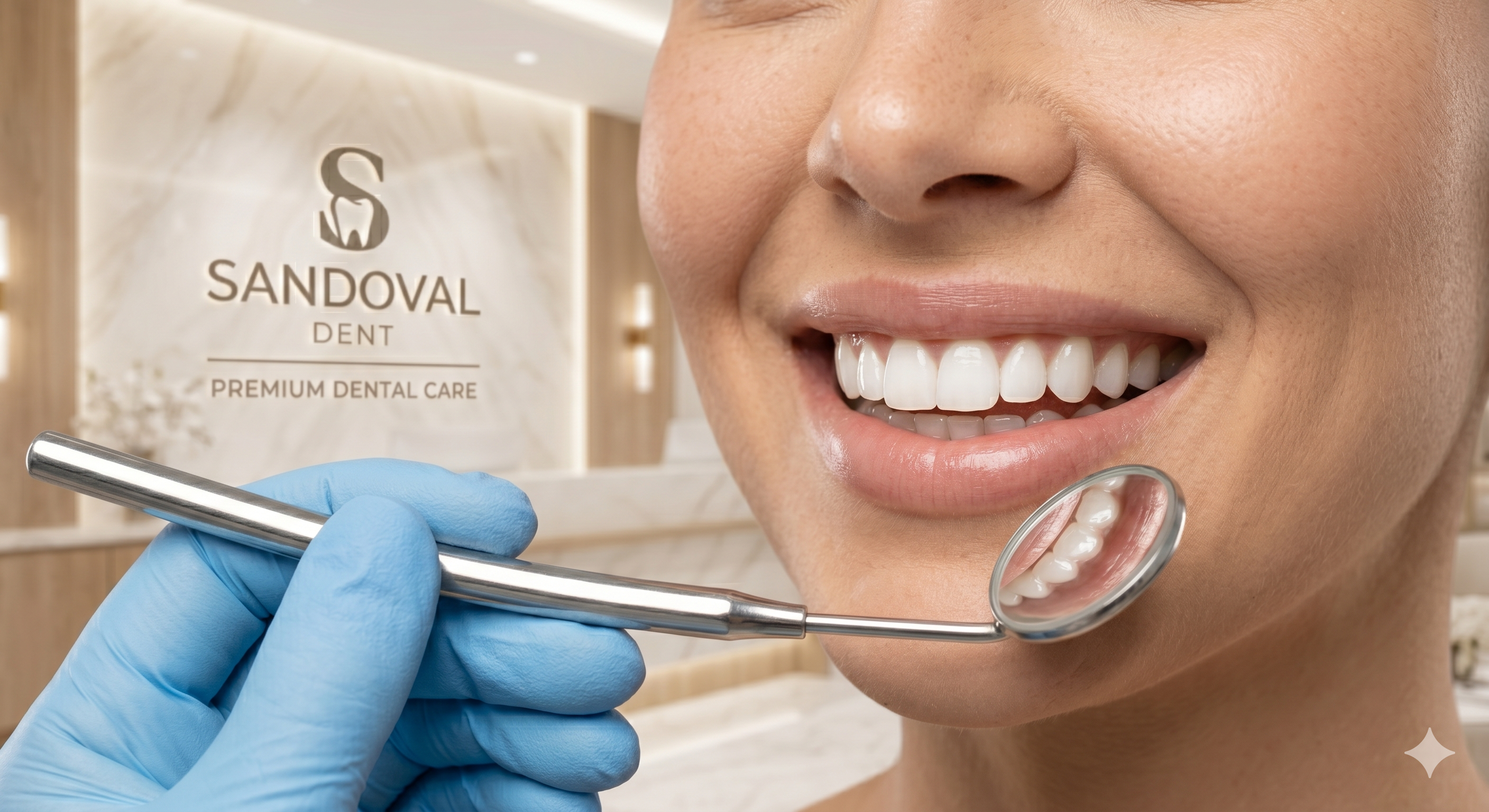 Sonrisa de paciente con espejo dental en Sandoval Dent